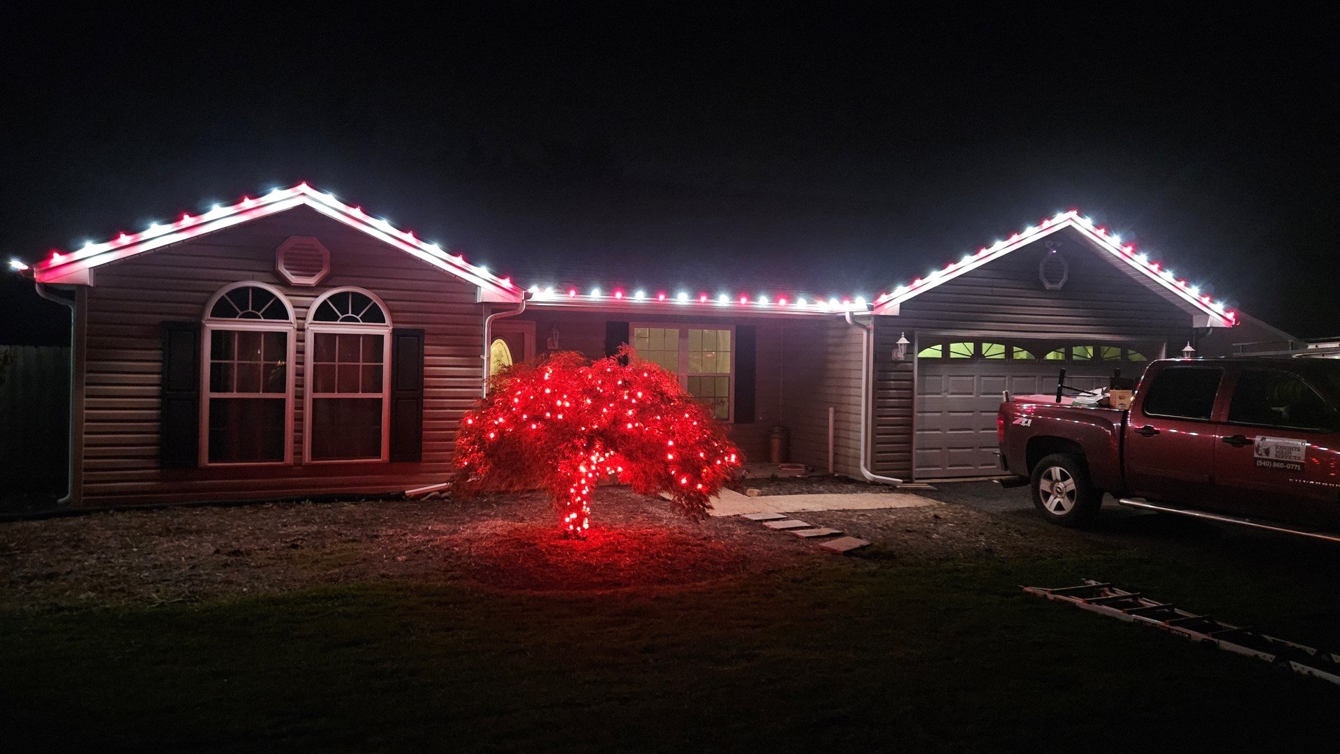 Roofline and Tree Red and White Christmas Light Installation - Yukon